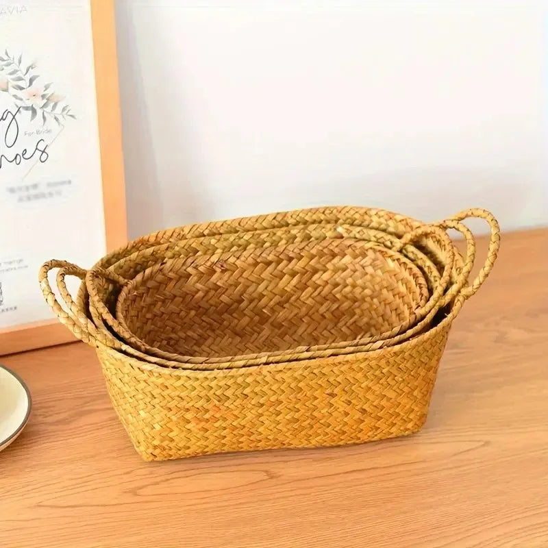 Woven Storage Basket  Double-Handled Rattan Basket