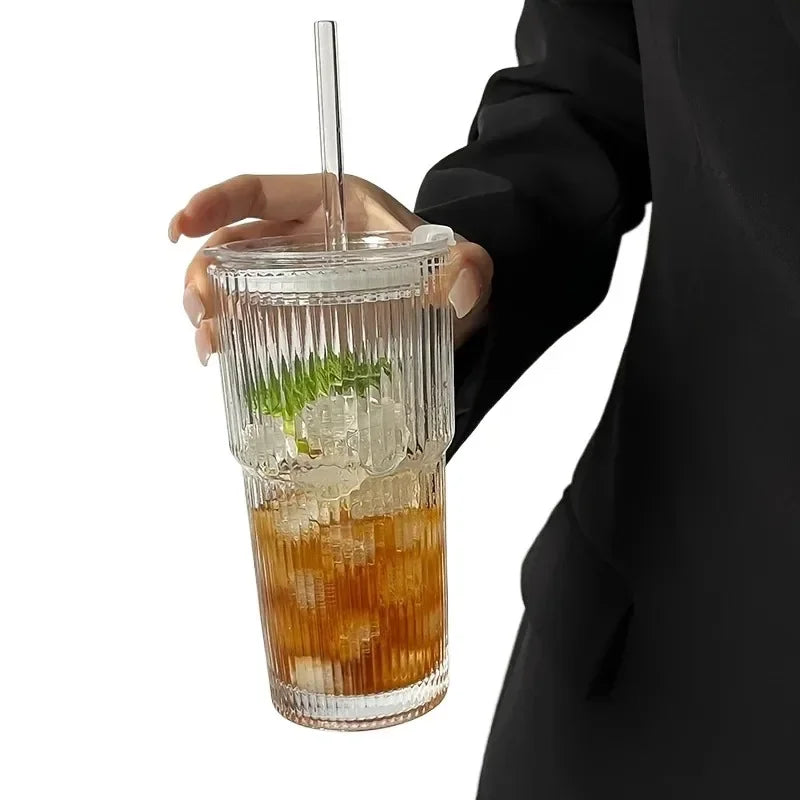 1pcs 600ML Striped Cup with Lid Straw Iced Coffee