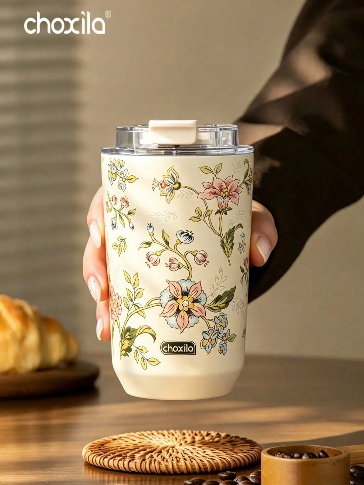 1pc Vintage Floral Print 380ml Stainless Steel Insulated Coffee Mug