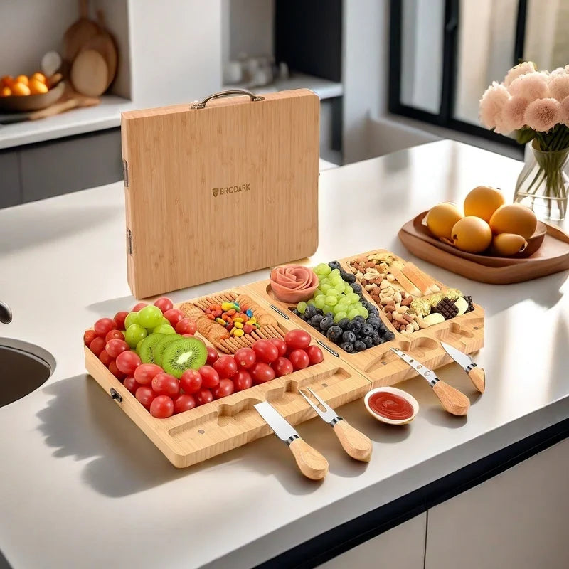 Bamboo Charcuterie, Folding Cheese Board with Knife Set