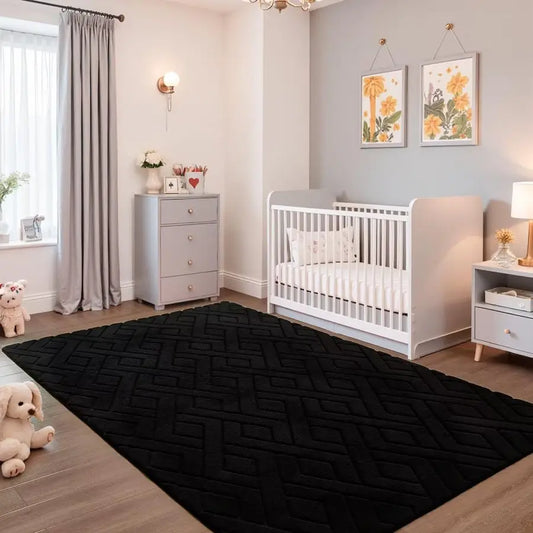 Black Washable Area Rug, NonSlip, Fluffy Plush Soft
