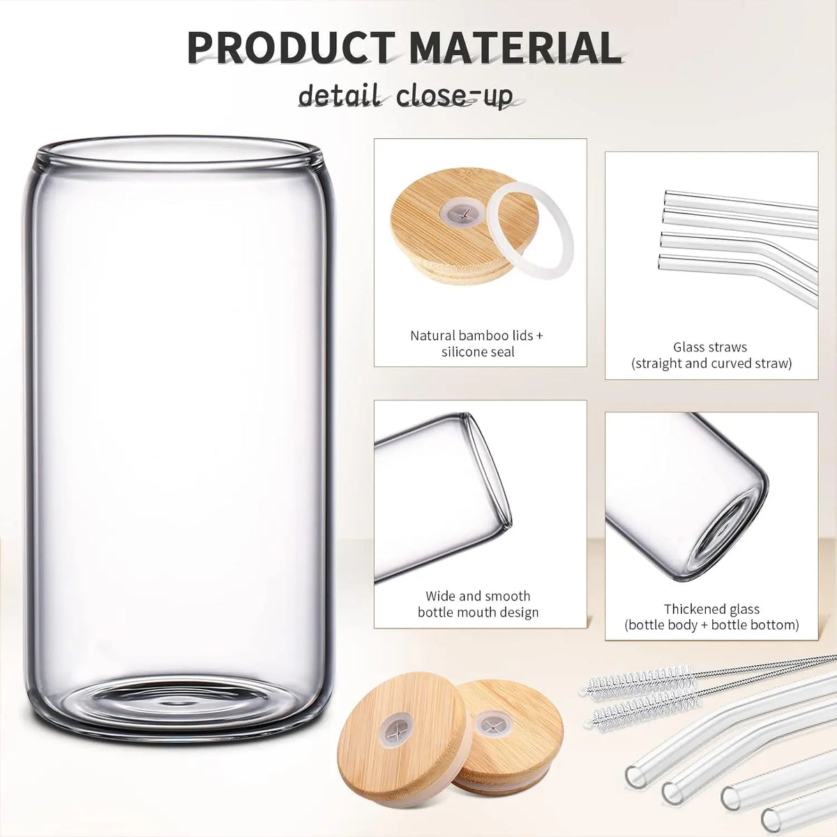 Drinking Glasses with Glass Straw 8pcs Set - 16oz Highball Glass Cups, Beer Glasses