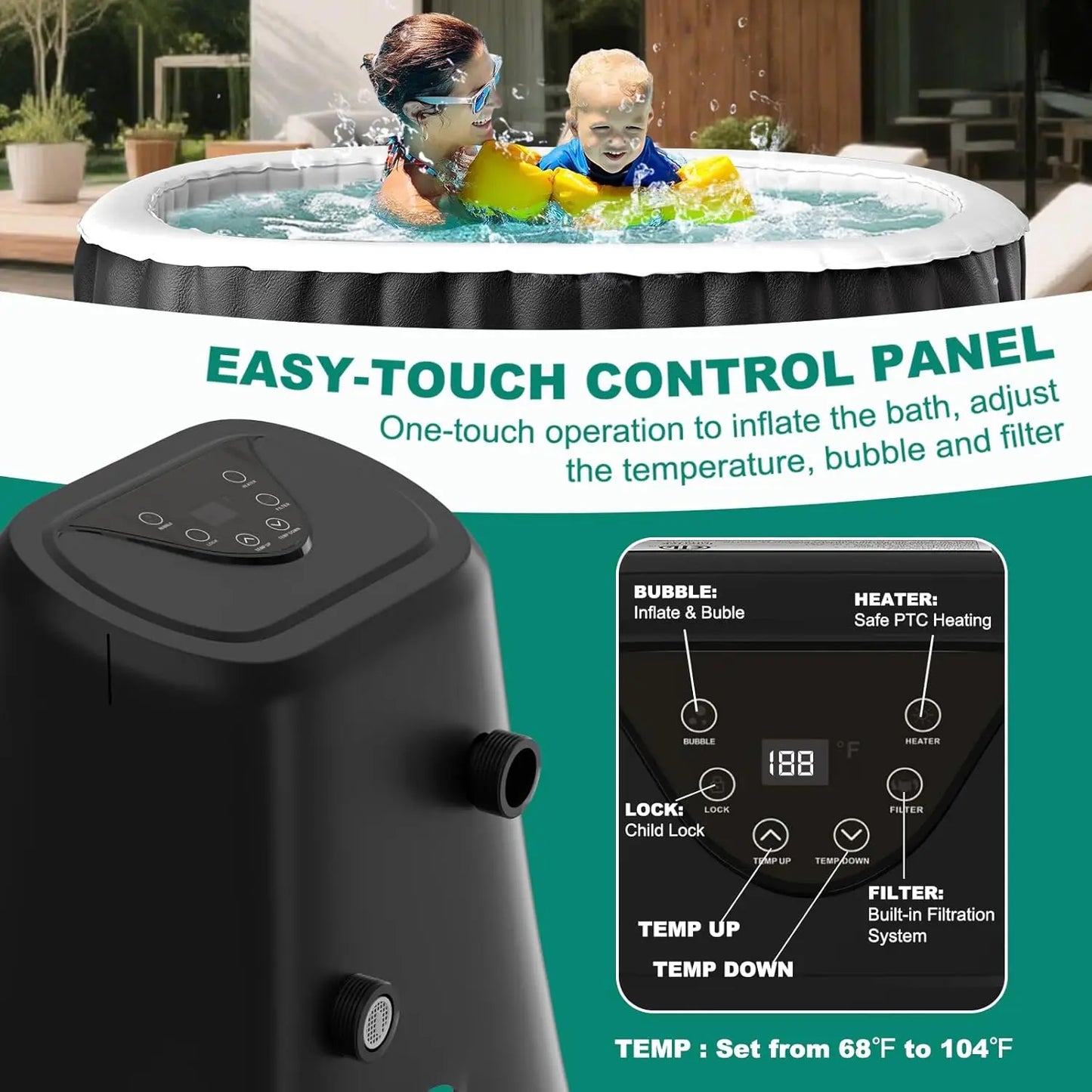 1-2 Person Inflatable Hot Tub, 75" X 47" X 25"100 Bubble Jets,