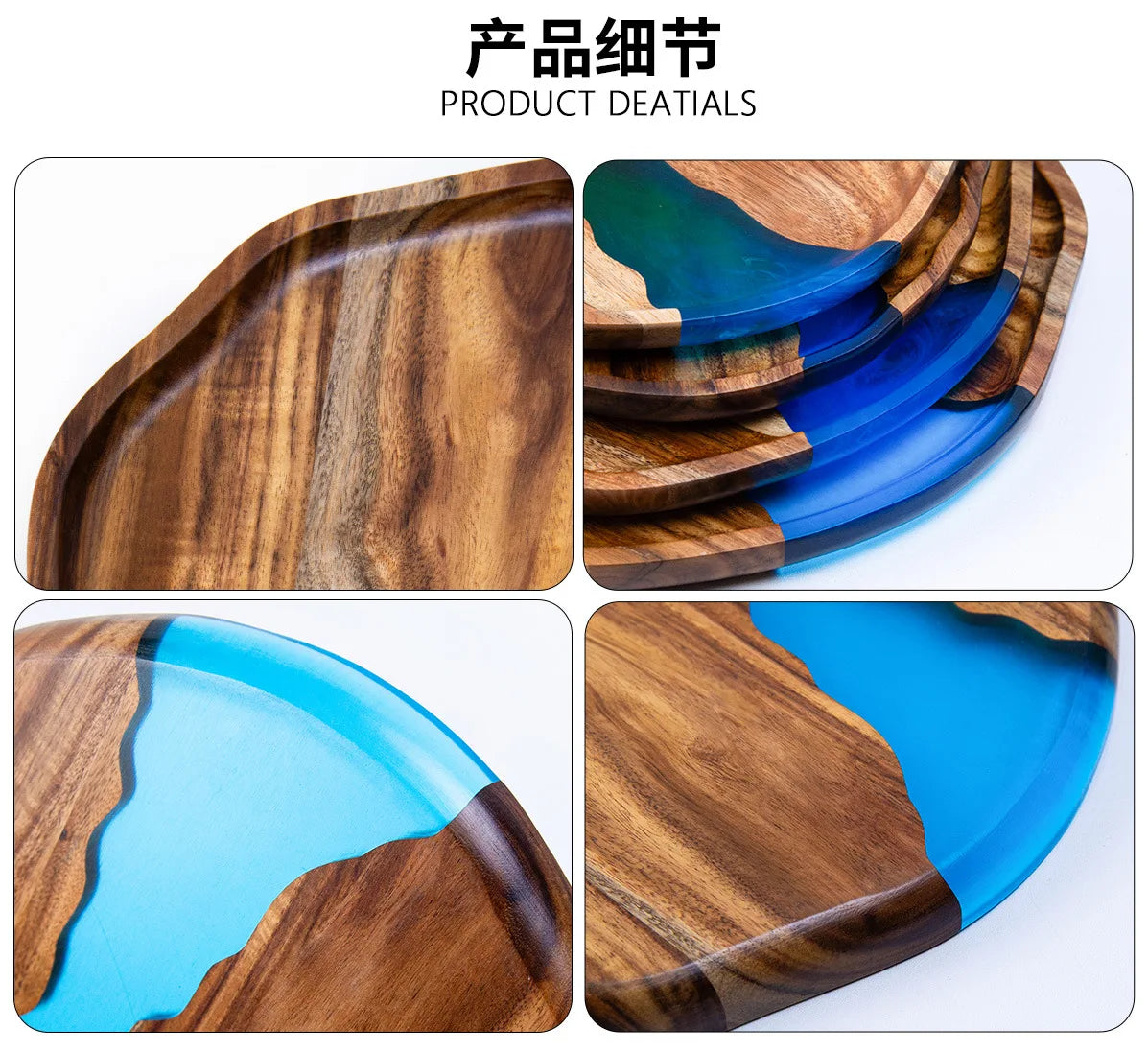 Acacia wood epoxy resin craft tray; tea tray; round plate; resin river
