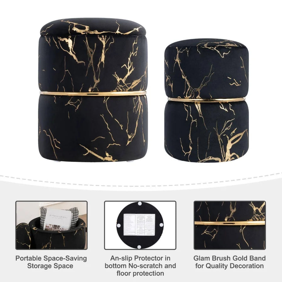 Pack Of 2 Black Round Bronzing Storage Ottoman