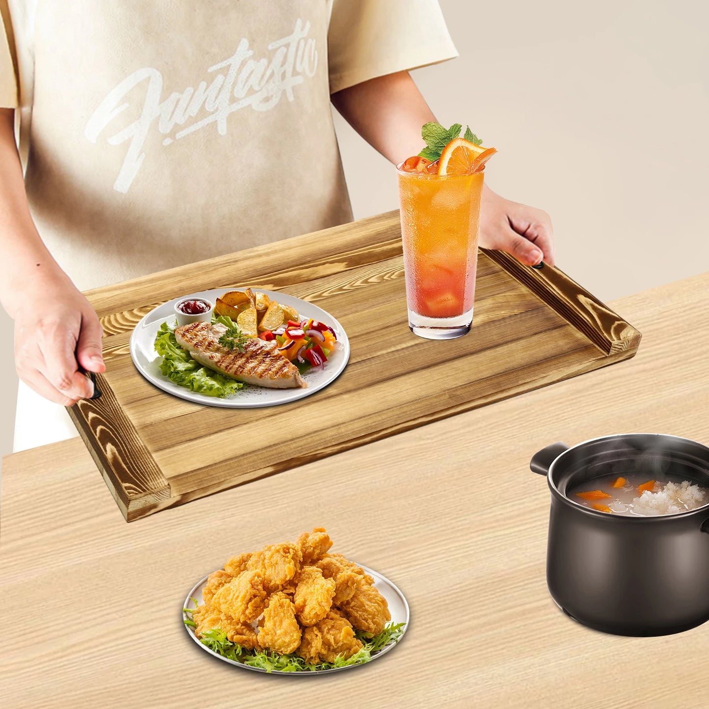 76CM Home Cutting Board with Hand Stove Top Cover Food Placement Plate Wooden Dining Plate