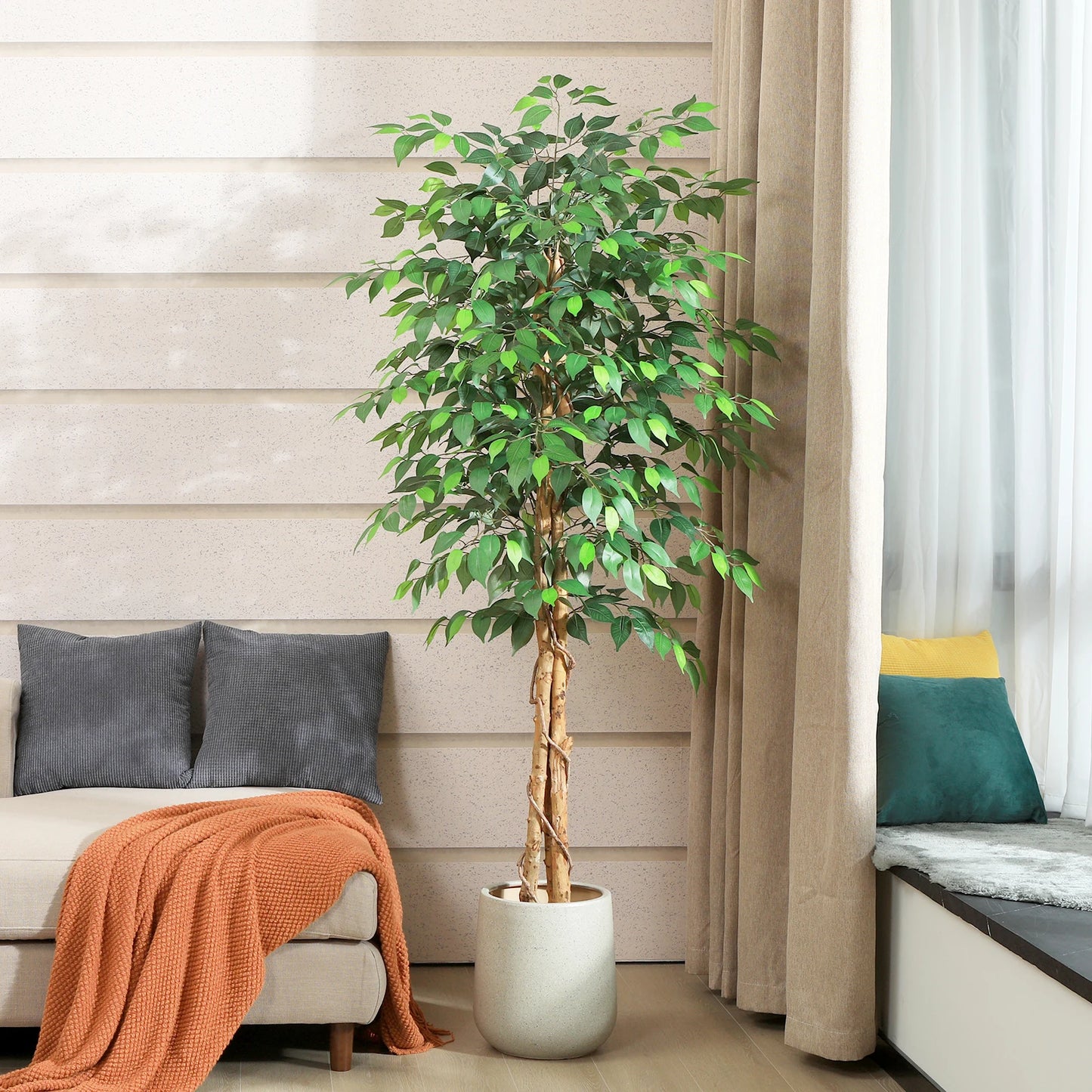 Artificial Ficus Trees with Natural Curved Trunks,  Silk Fake Ficus Tree in Plastic Nursery Pot for Office Home Decor