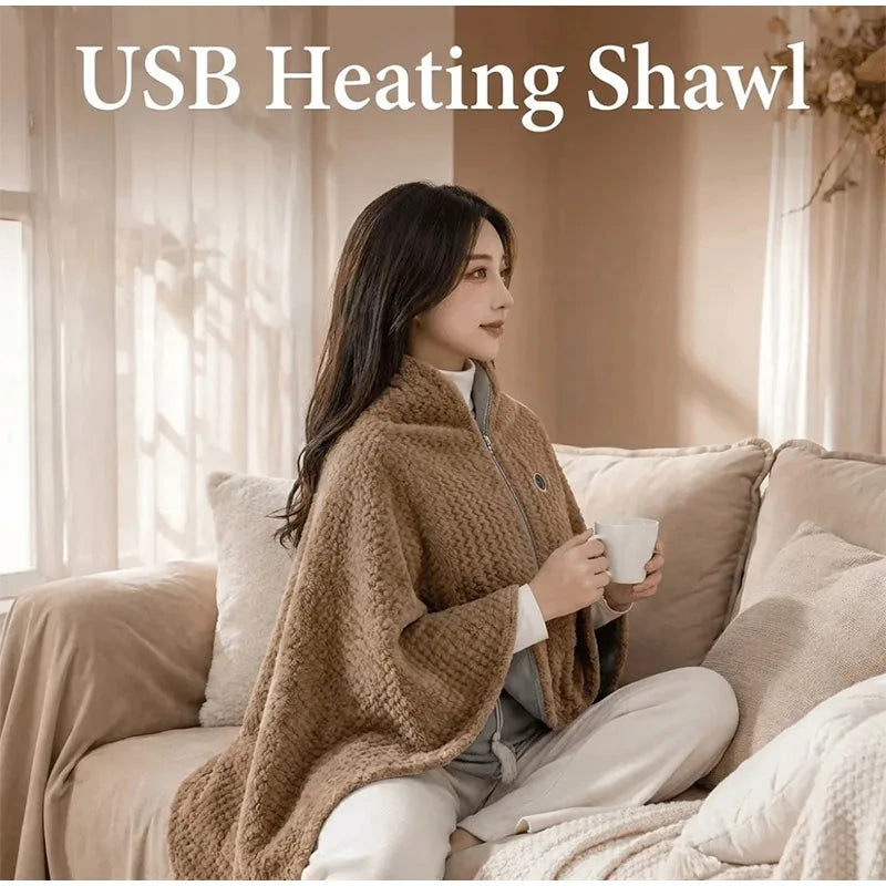USB Wearable Heated Shawl Wrap Blanket with Hood Zipper