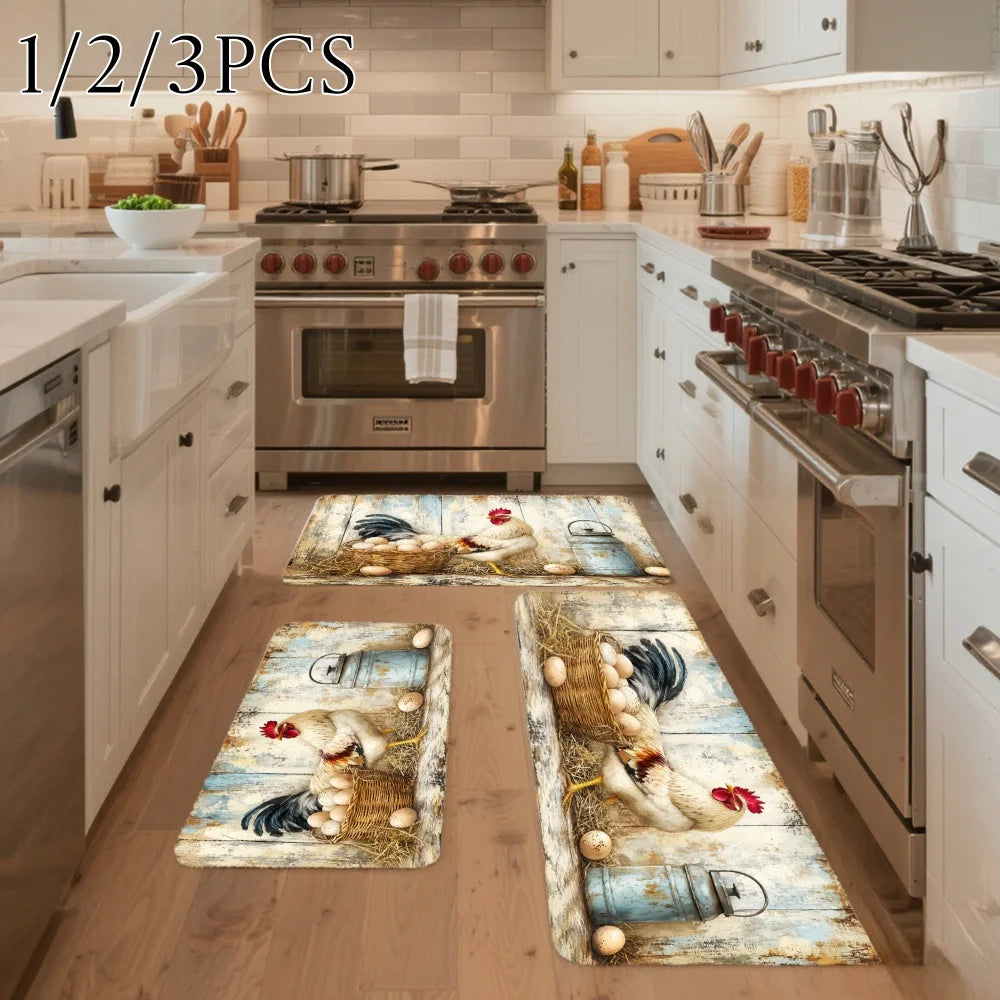 3PCS  Rugs,Rooster Chicken Basket Rustic Farmhouse Pattern Dining Mat