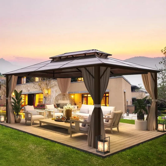 10'x13' Hardtop Gazebo, Double Roof Canopy, Curtains and Netting