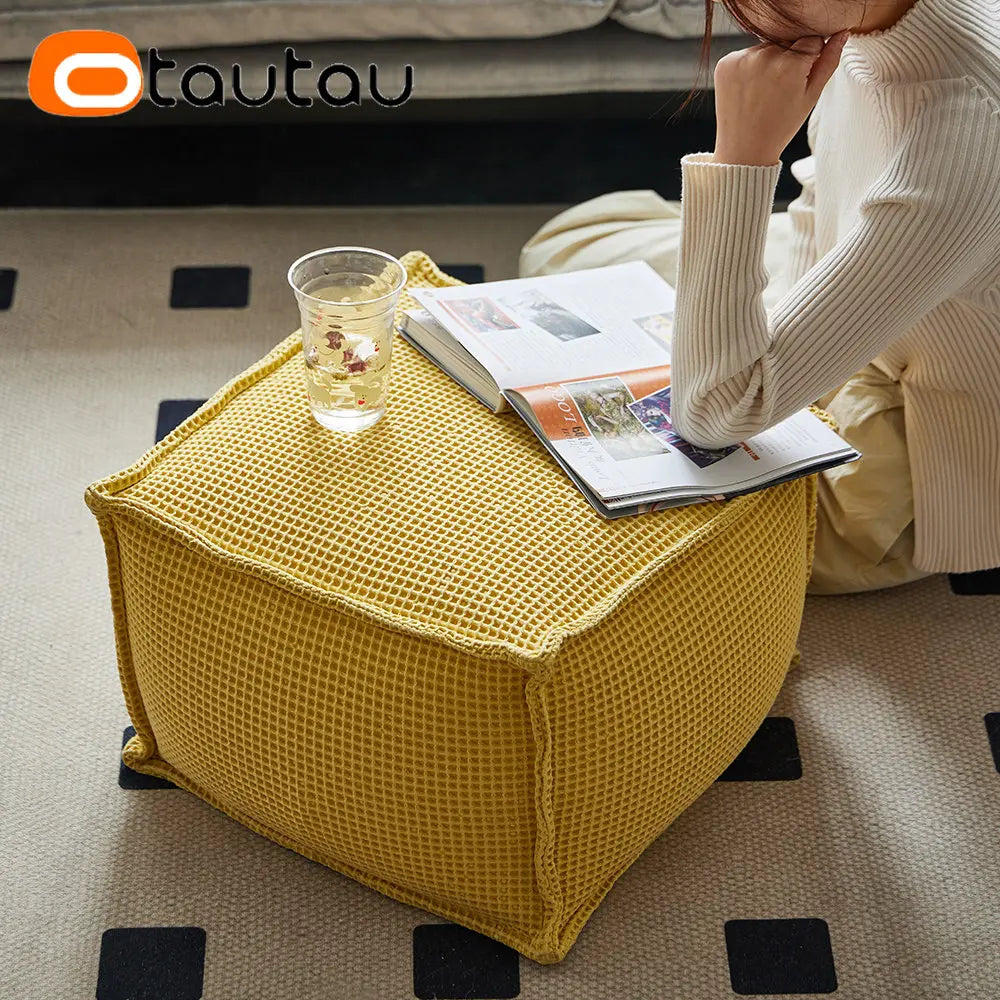 OTAUTAU 100% Pure Cotton Waffle Beanbag Stool Ottoman with Filling Square