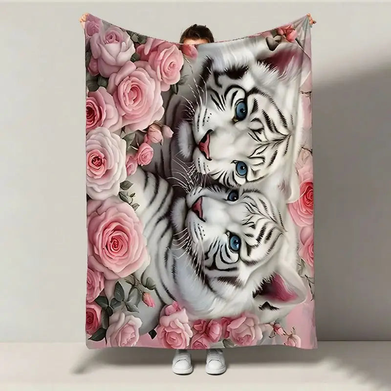White Tiger & Pink Roses Flannel Blanket - Ultra-Soft