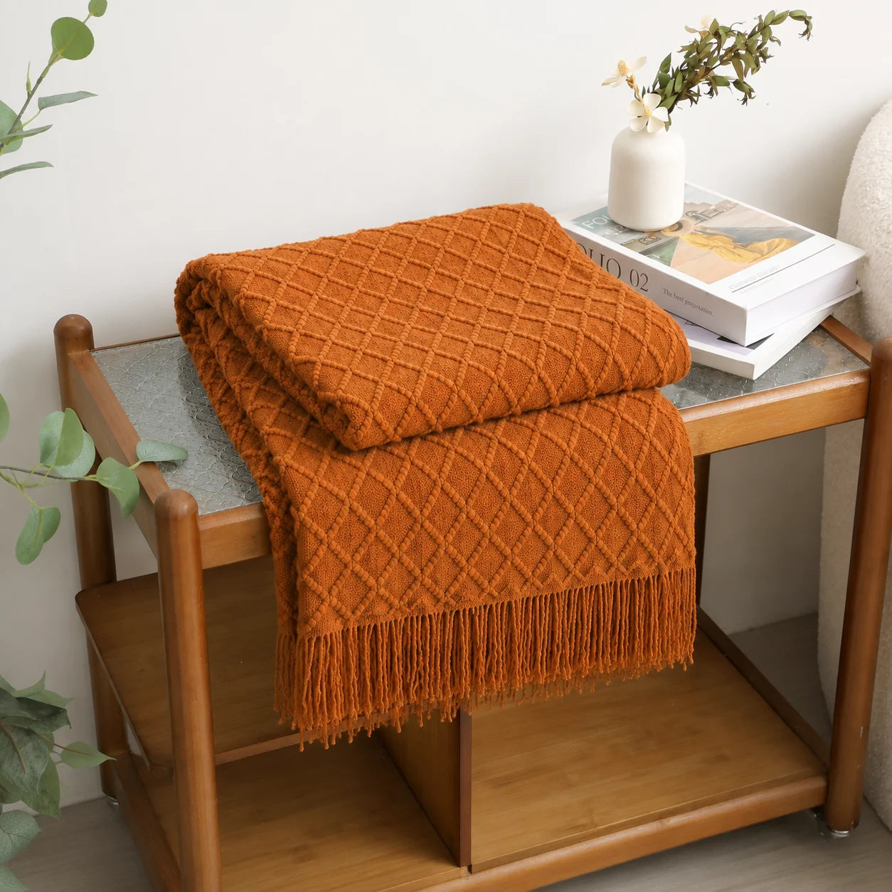 Cream Popcorn Bobble Textured Knit Throw Blanket with Tassel Fringe,