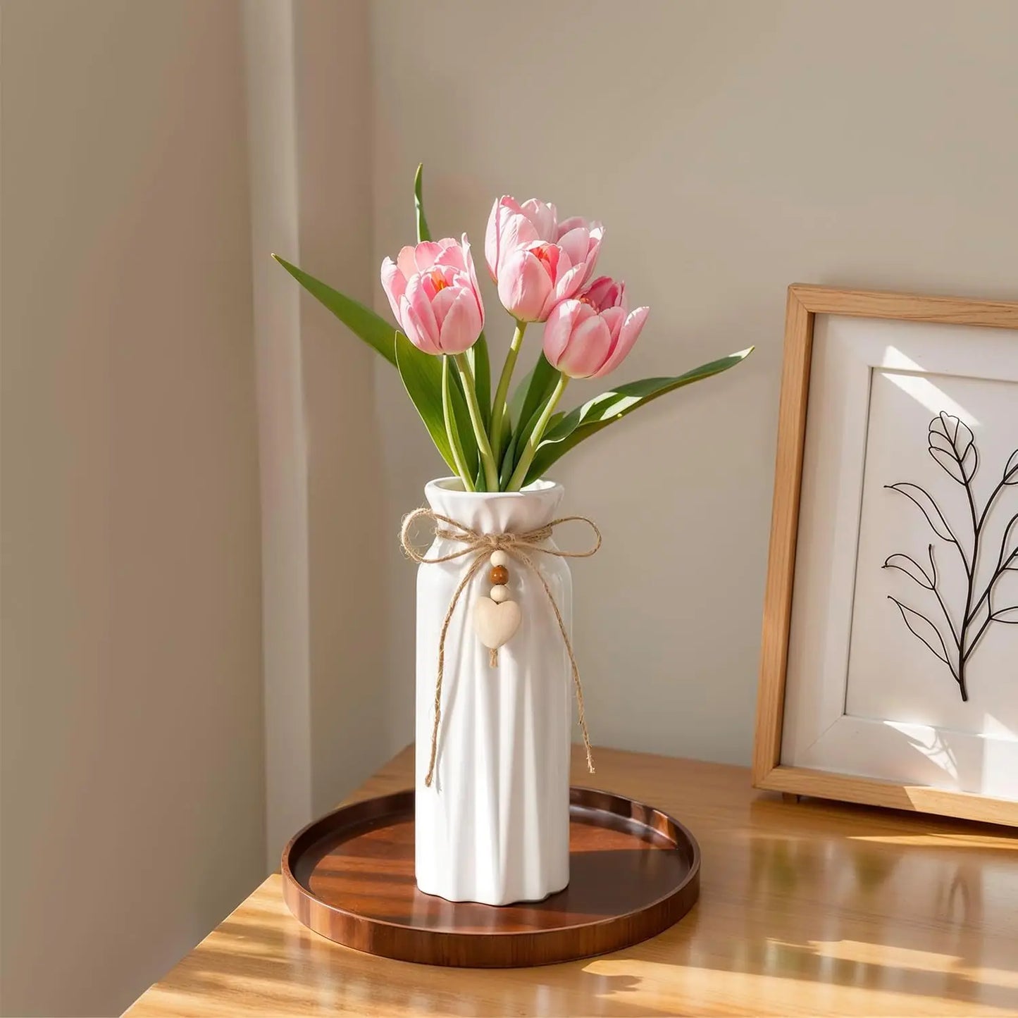 8 Inch Geometric Ceramic Vase with Jute Rope & Heart Charm