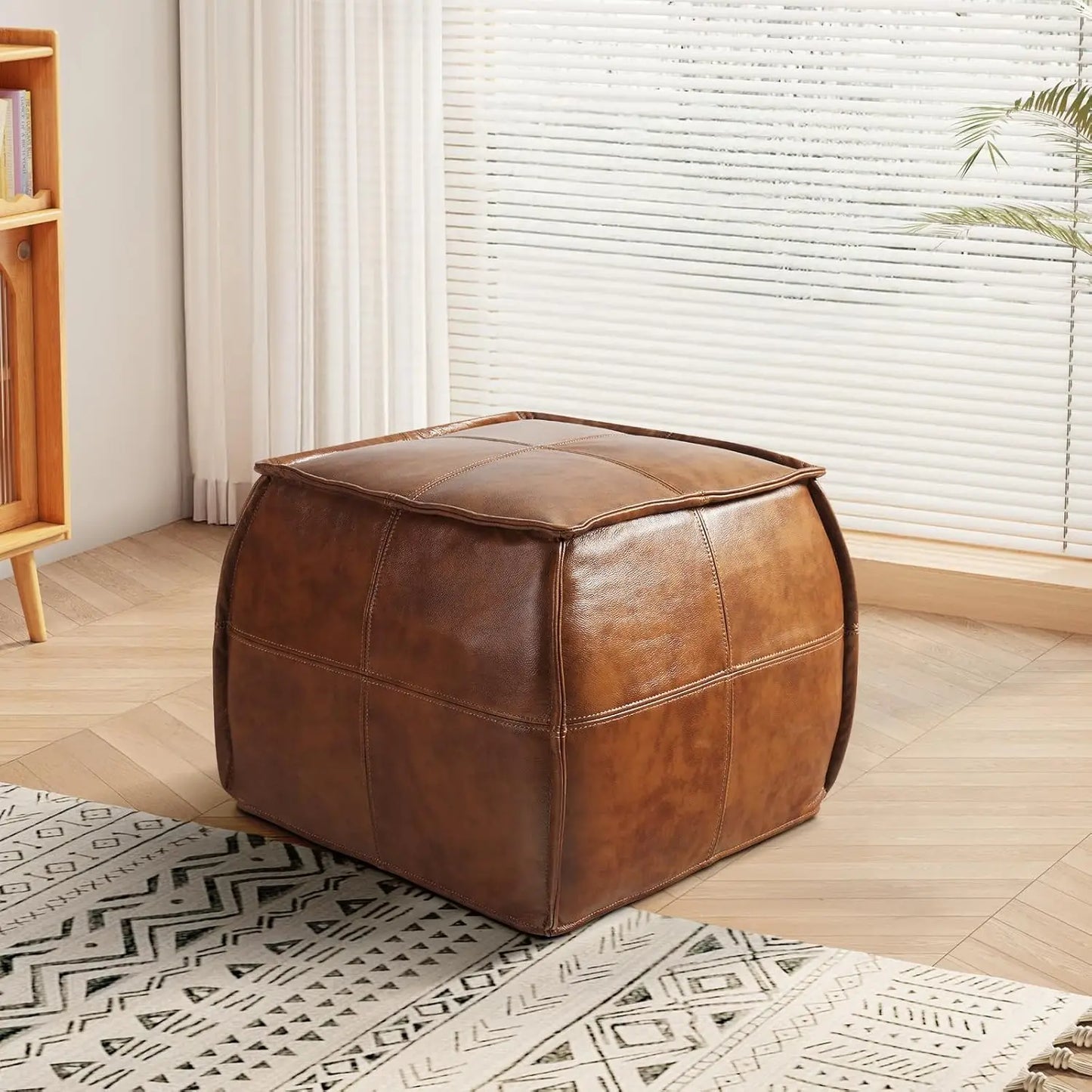 Handmade Stuffed Square Ottoman,Genuine Leather Pouf