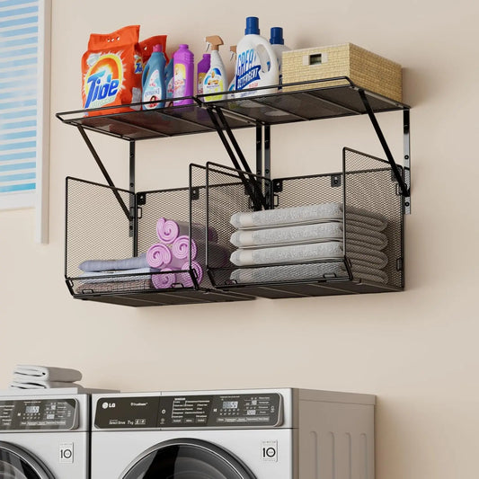 2-Pack Wall-Mounted Laundry Shelves with Mesh Baskets