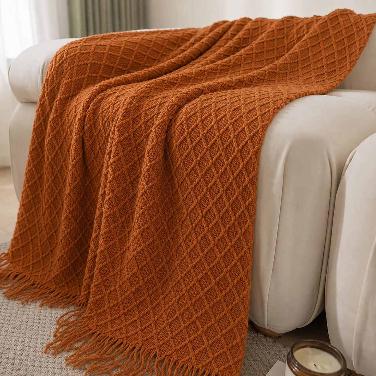 Textured Knit Throw Blanket with Tassel Fringe, Soft Knitted Decorative Blanket,