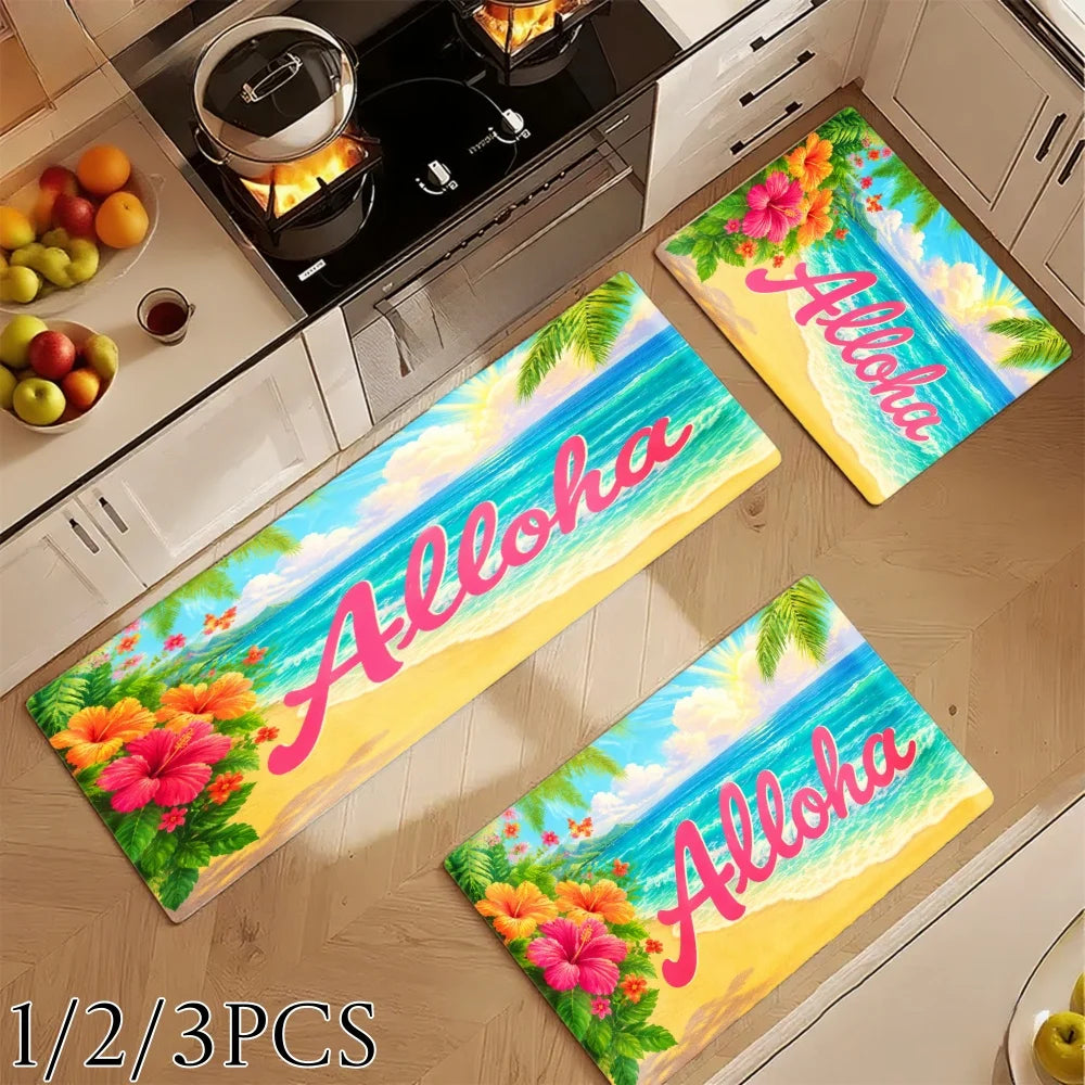 3PCS Rugs, Aloha Beach Palm Flowers Sky Ocean Sun Dining Mat