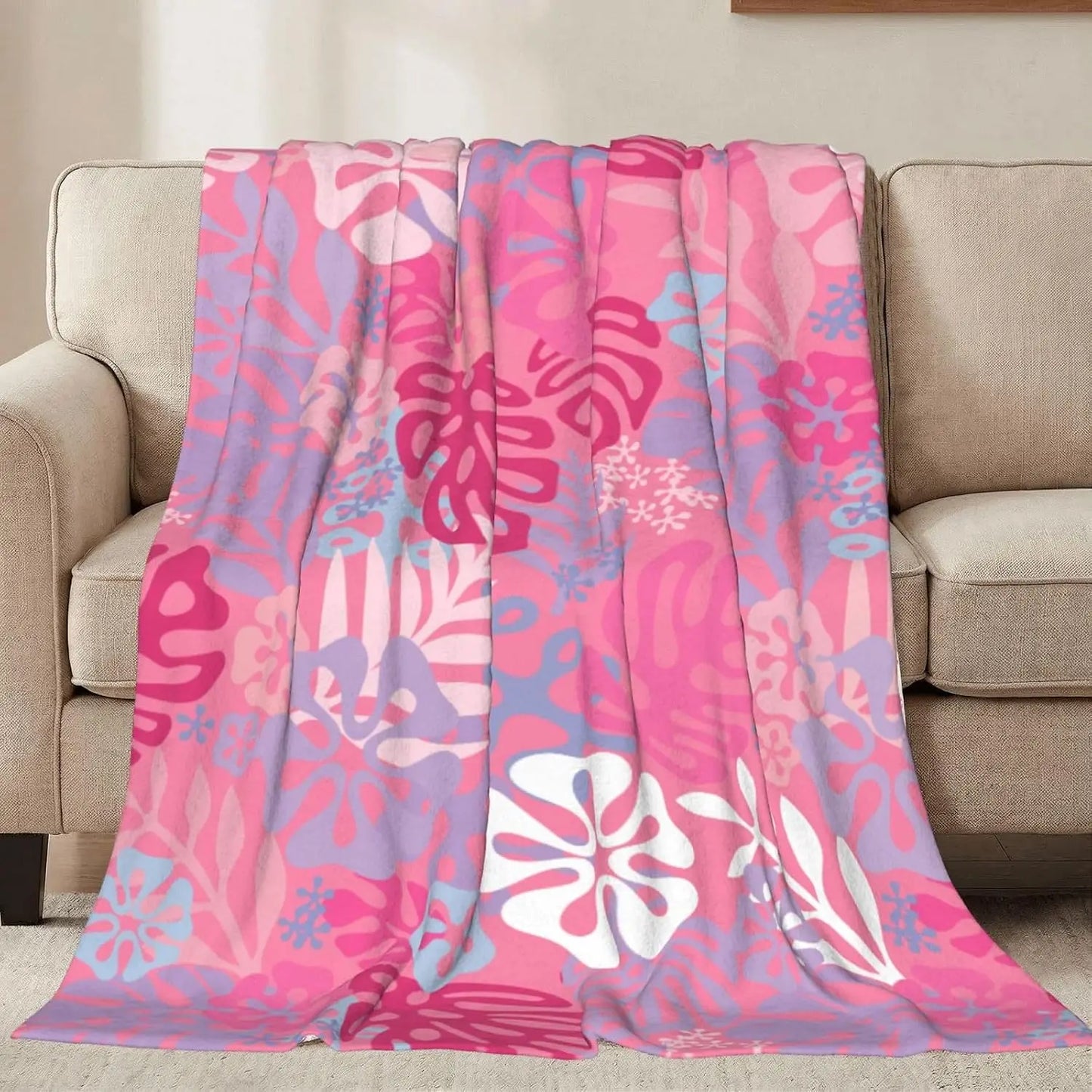 Pink Throw Blankets All Season Ultra Soft Warm Tropical Aloha Pattern Fleece Blanket
