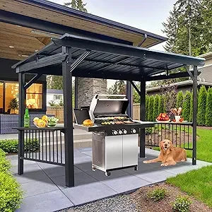 6.5x12FT Hardtop Grill Gazebo, All-Weather Outdoor BBQ Gazebo with 2 Side Shelves and 4 Ceiling Hook, Galvanized Steel Pitched R