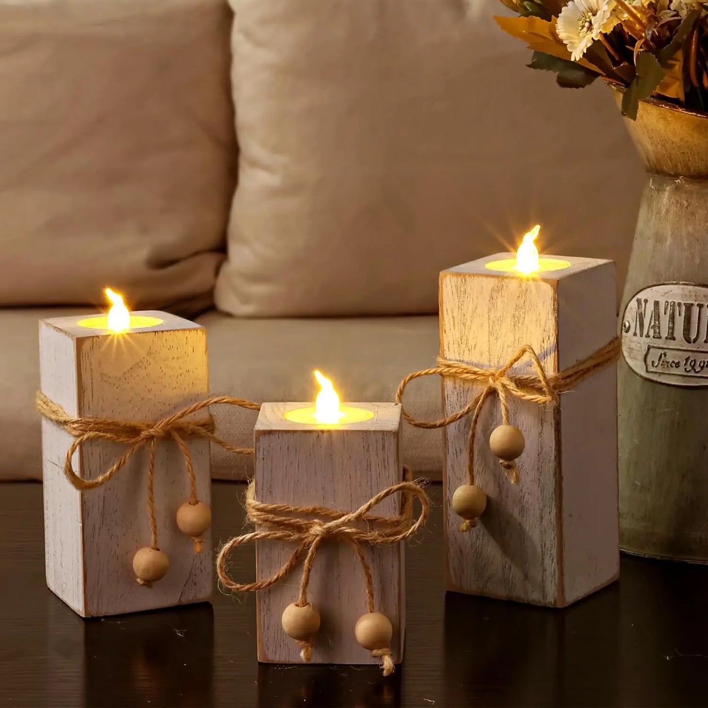 White Farmhouse Candle Holder with Flameless LED Candles F