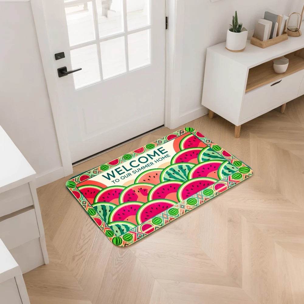 3PCS Mat Set,  Watermelon Pattern  Welcome Text Rug.