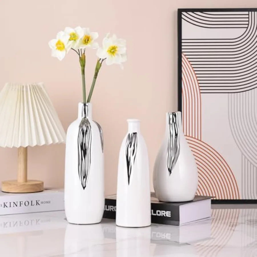 Ceramic Vase 3 Pcs Set, White and Silver Vases for Home Decor, Decorative Vases for Mantels, Shelves and Entryway Decor, Dining