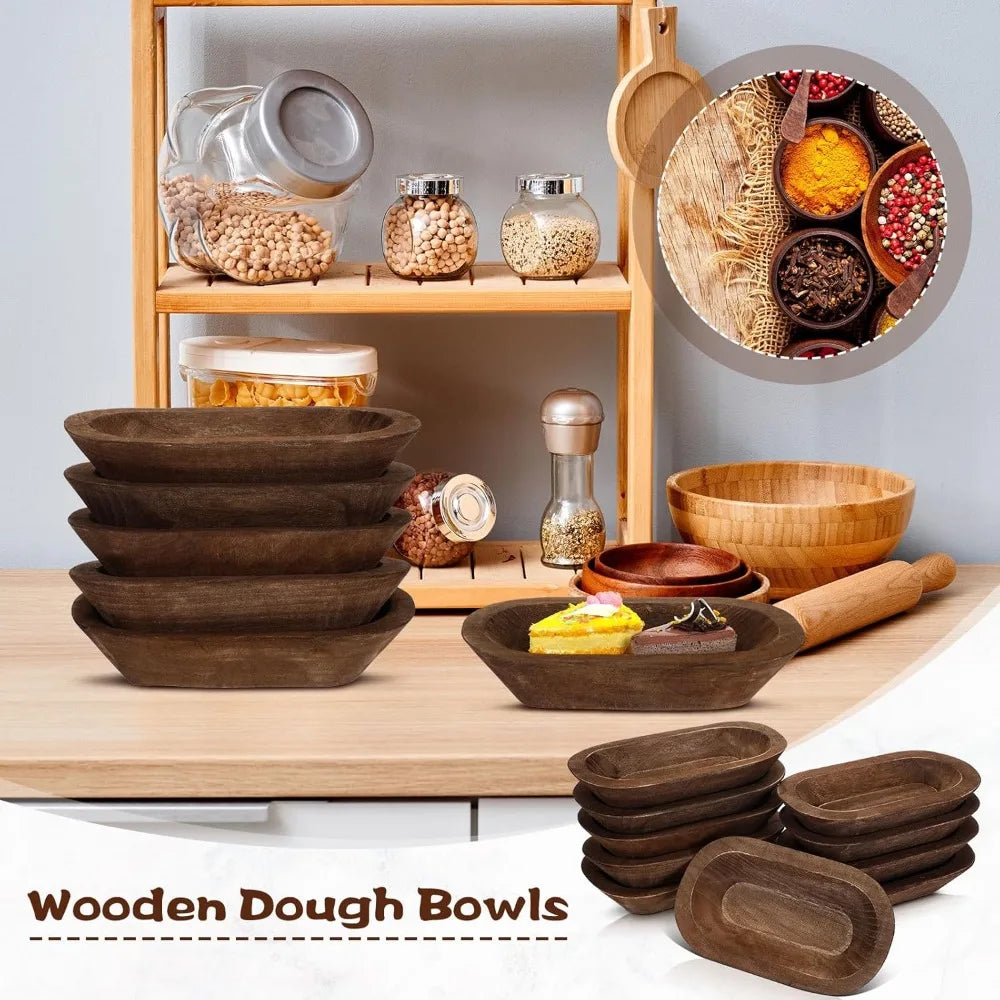 10 Pack Wooden Dough Bowls, 8.5 Inch Rustic Style