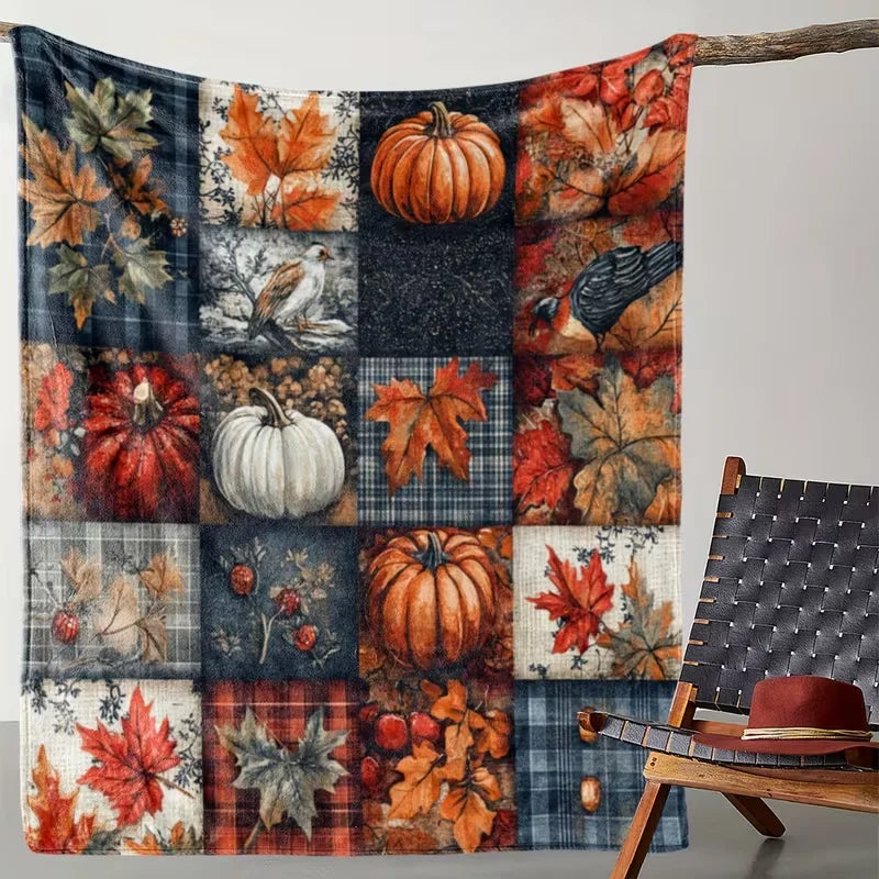 Fall Pumpkin Maple Leaf Patchwork Throw Blanket