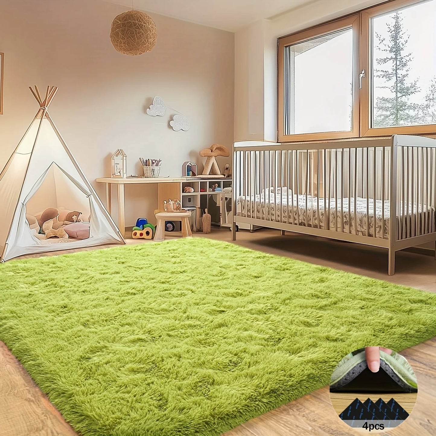 Room Decor Rug,Grass Green Soft Shaggy Non-Slip Rugs 4 Rug Stickers,