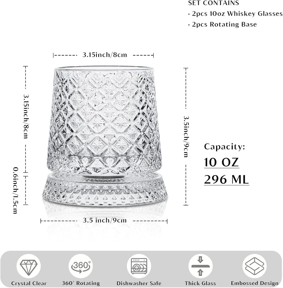 2PC Luxurious Rotating Crystal Whiskey Glasses – 360 °