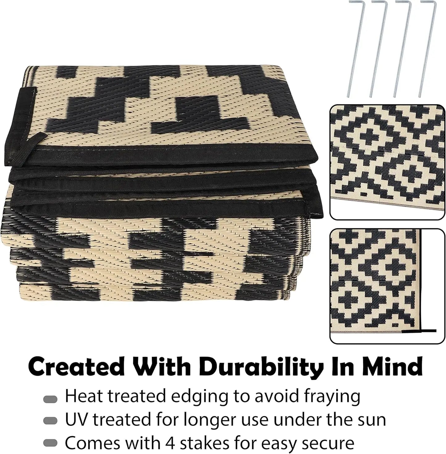 Reversible Plastic Straw Rug,  Black & Beige, 6' x 9'