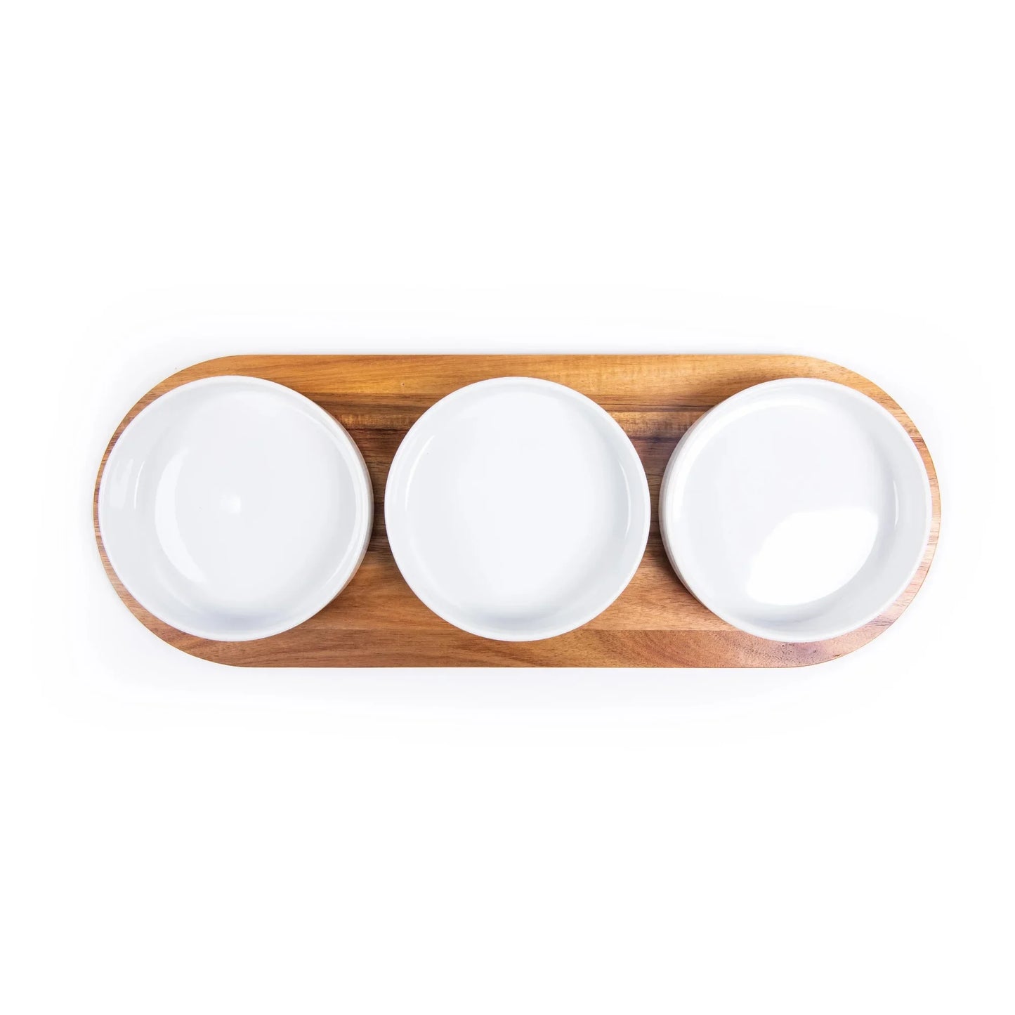 Tray - condiment bowl, white ceramic - acacia wood tray
