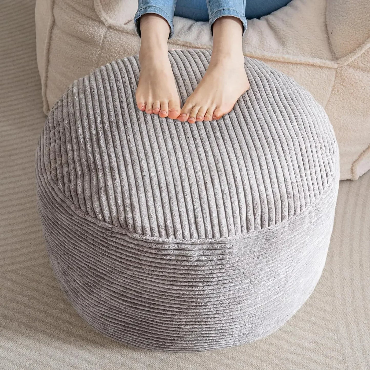 Round Stuffed Pouf , Corduroy Foam Chunk Filling