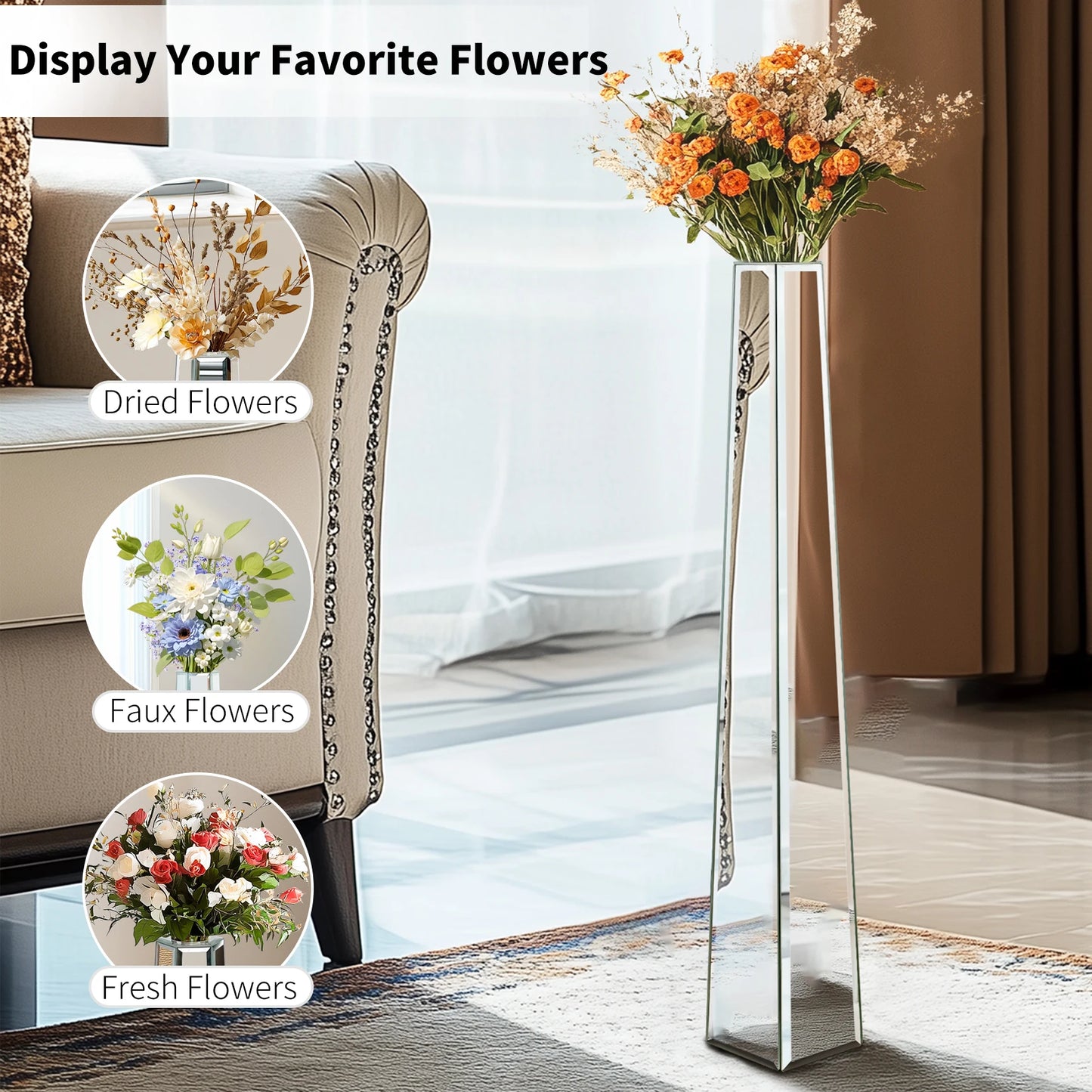 30 Inch Tall Modern Floor Vase Mirrored Glass