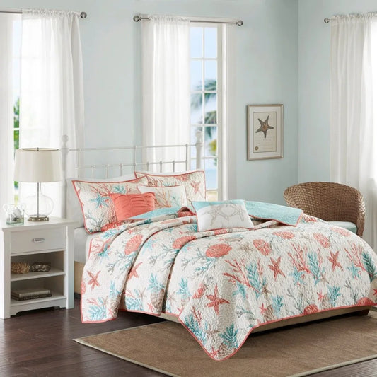 6 Piece  Quilt Set with Throw Pillows Coral Full Queen