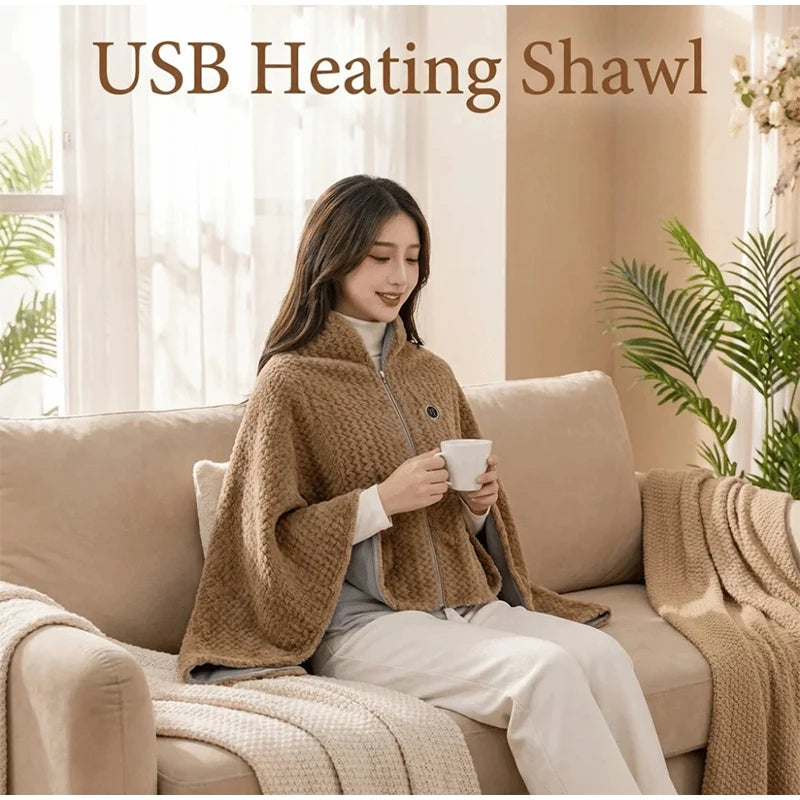 USB Wearable Heated Shawl Wrap Blanket with Hood Zipper