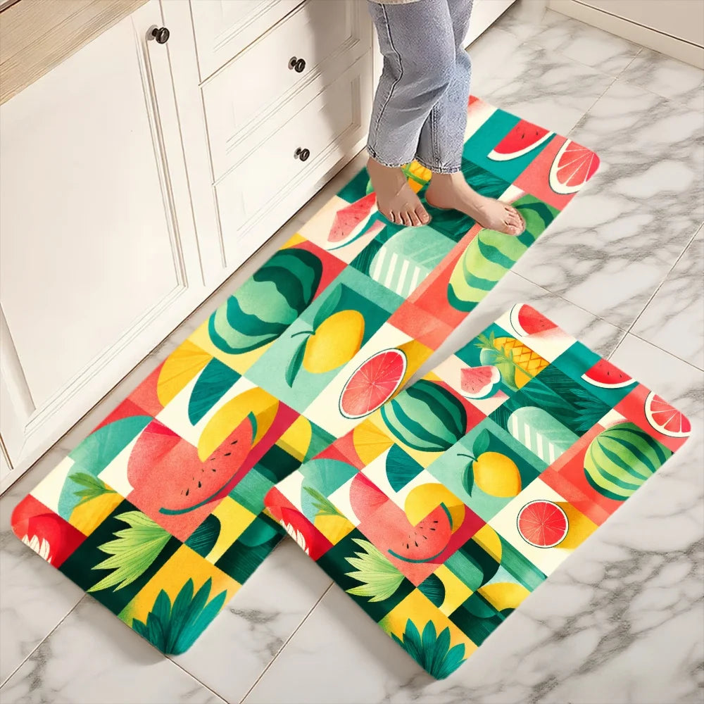 3PCS Mat Tropical Fruit Pattern With Watermelon Pineapple Mango Kitchen Rug.