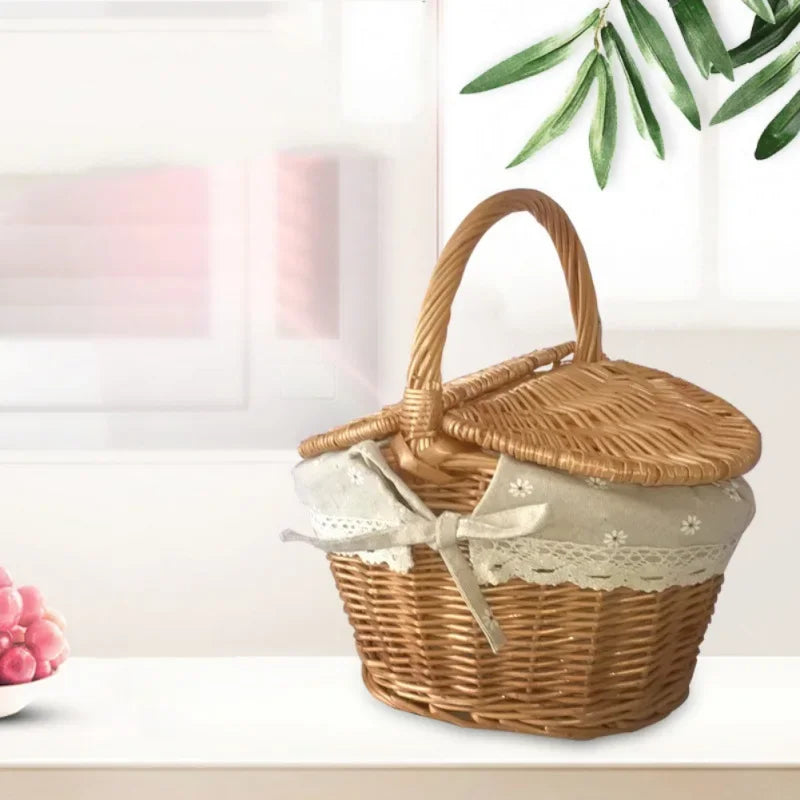 Wicker Basket, Handle Double-Lid Large Camping Picnic