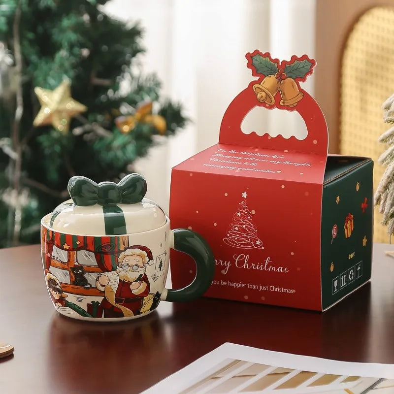 Christmas card ceramic mug with lid, coffee cup