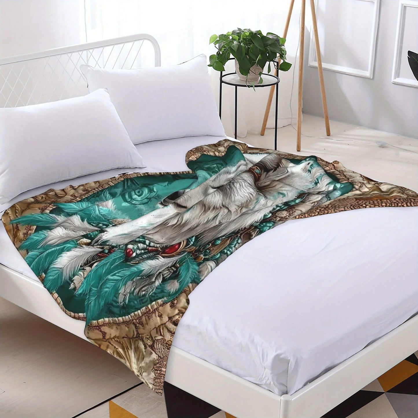 1pc Majestic White Wolf Design Cooling Throw Blanket Flannel