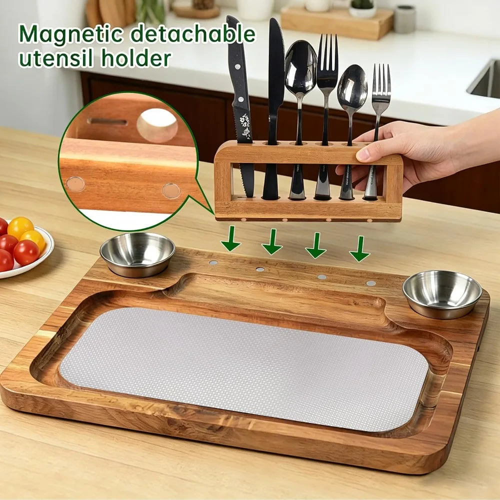 16.5" Acacia Wood, Magnetic Charcuterie Board Serving Platter with Cutlery & Sauce Cup