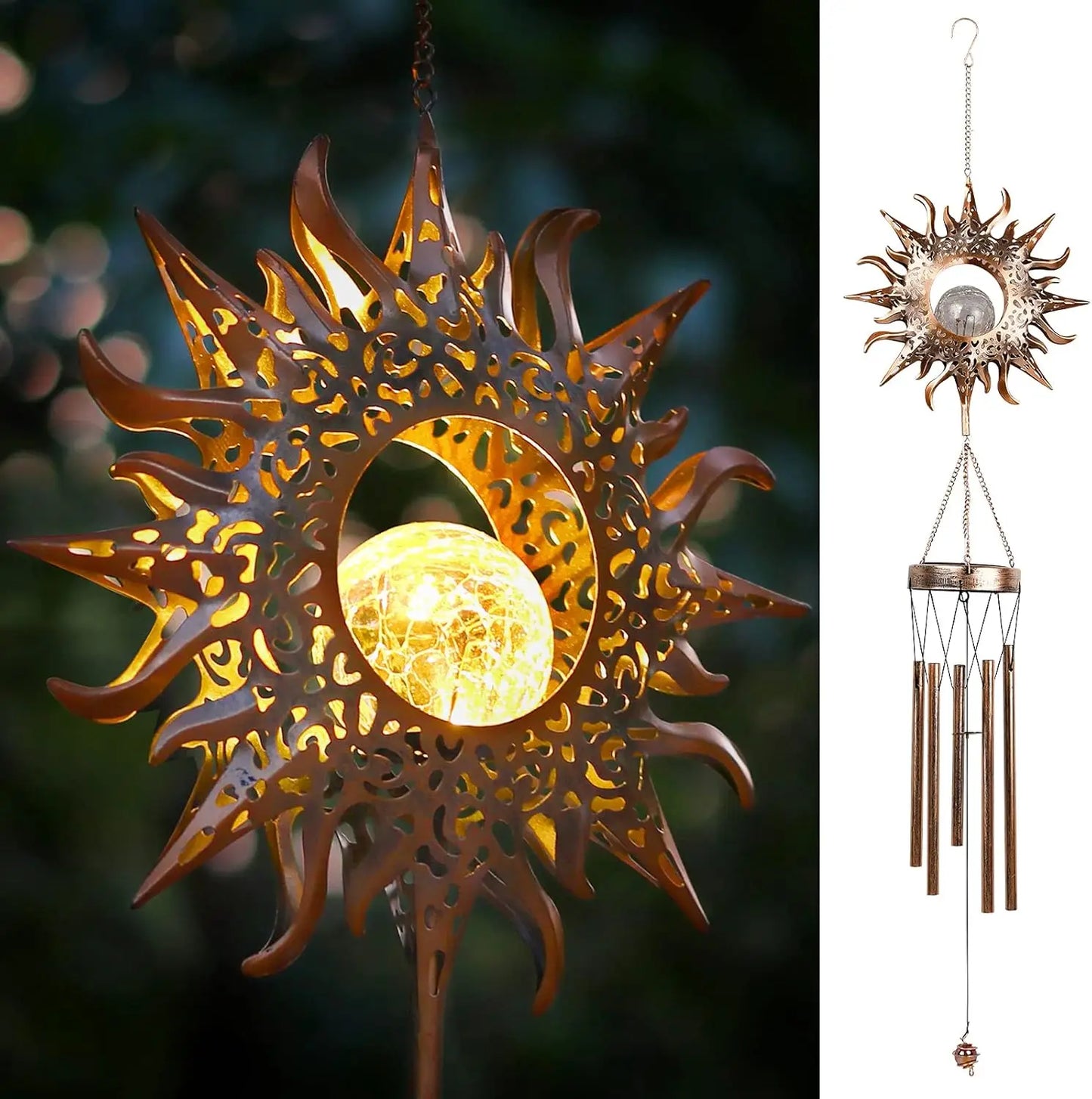 Solar Sun Wind Chimes, 42" Waterproof LED Glass Bells