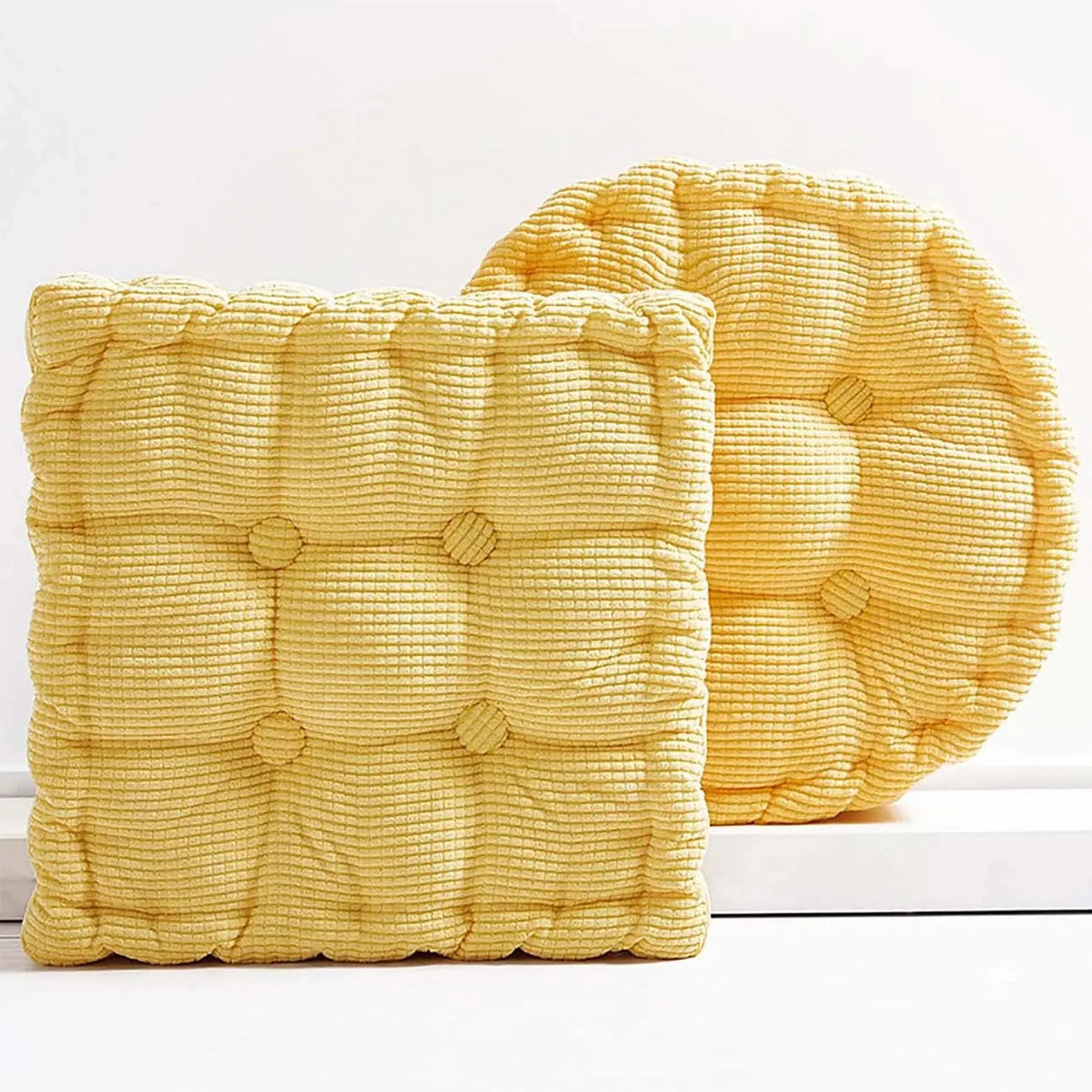 2Pcs Thick Corduroy Floor Cushion, Square & Round Tufted