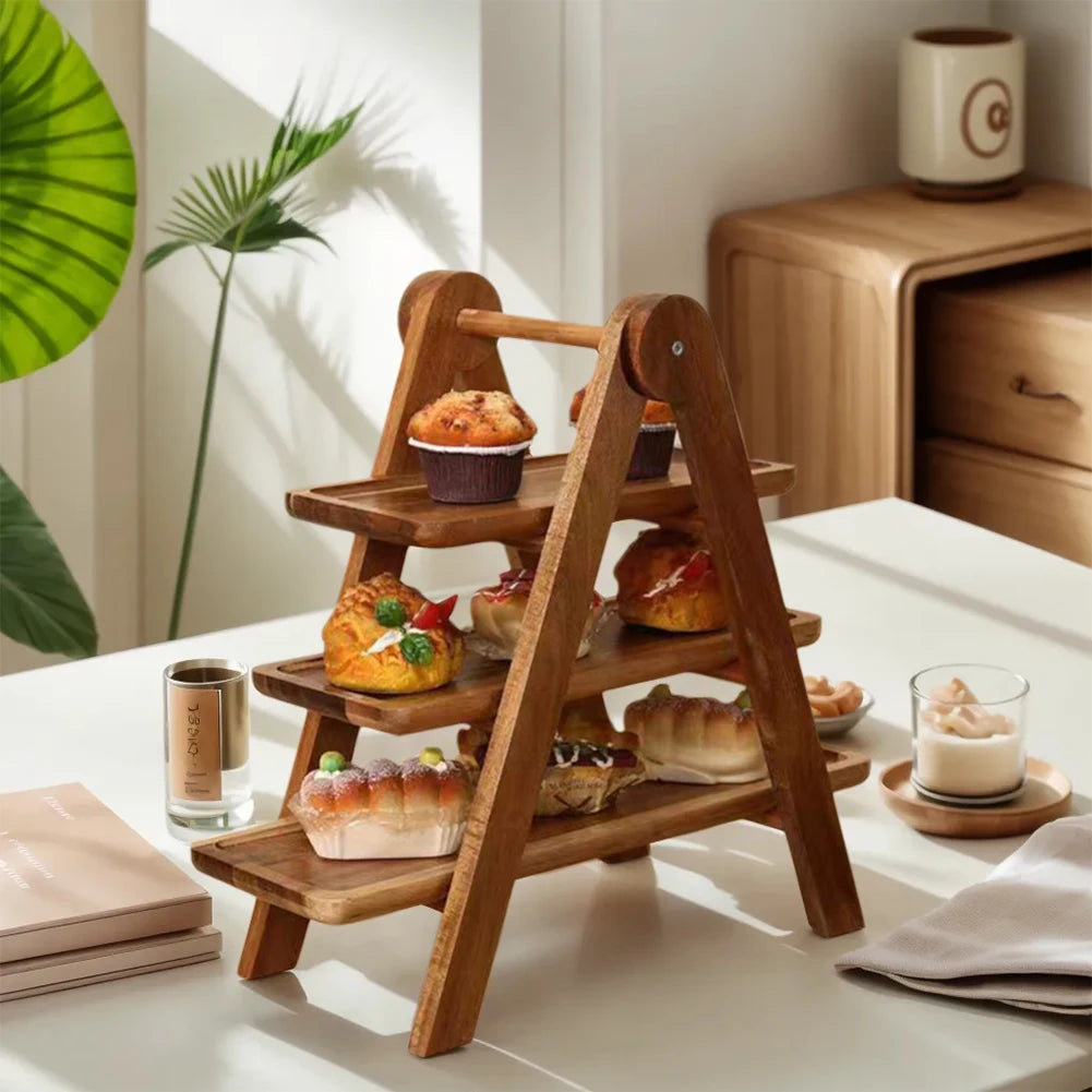 2Pcs Wooden Serving Platter 3 Tier