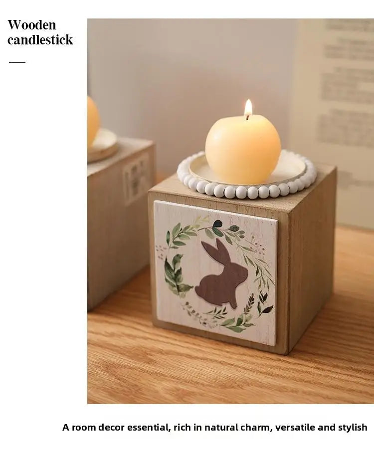Artistic Wooden Square Candlestick  Little Grass Rabbit