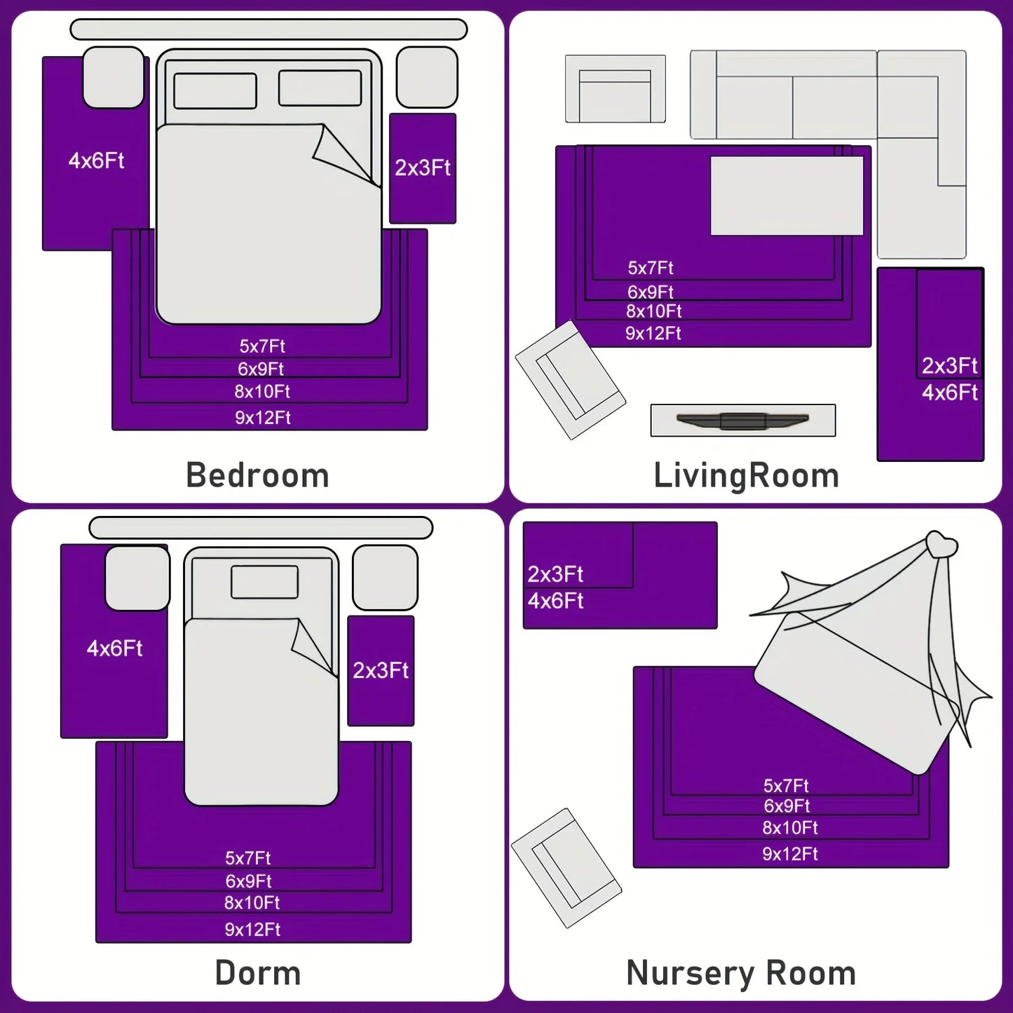 Room Decor Rug,Purple Fluffy Soft Shaggy Non-Slip - 4 Rug Stickers