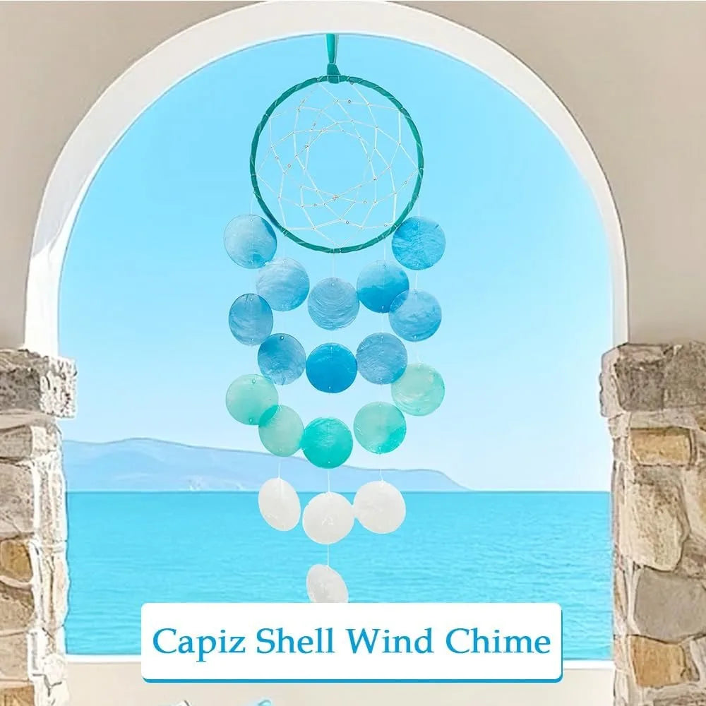 Blue Circle Capiz Shell Wind Chime  Seashell Windchimes with Aluminum Tubes