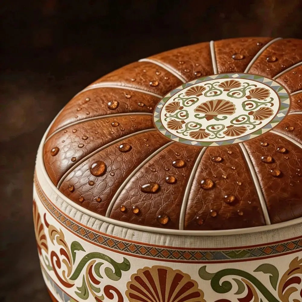 Leather Fillable Ottoman Pouf Round Shape Moroccan Style Storage
