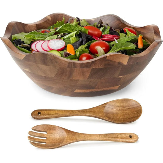 Large Scalloped Acacia Wood Salad Bowl Set with Spoons
